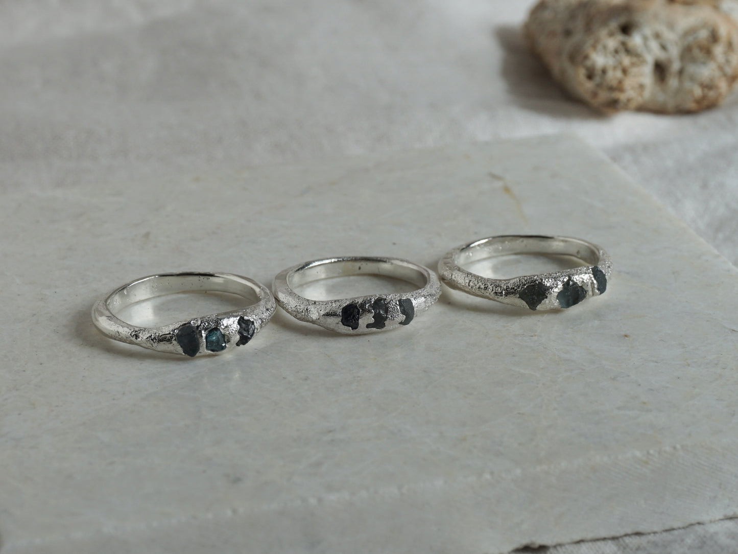 Shoreline ~ Rough sapphire sand cast rings