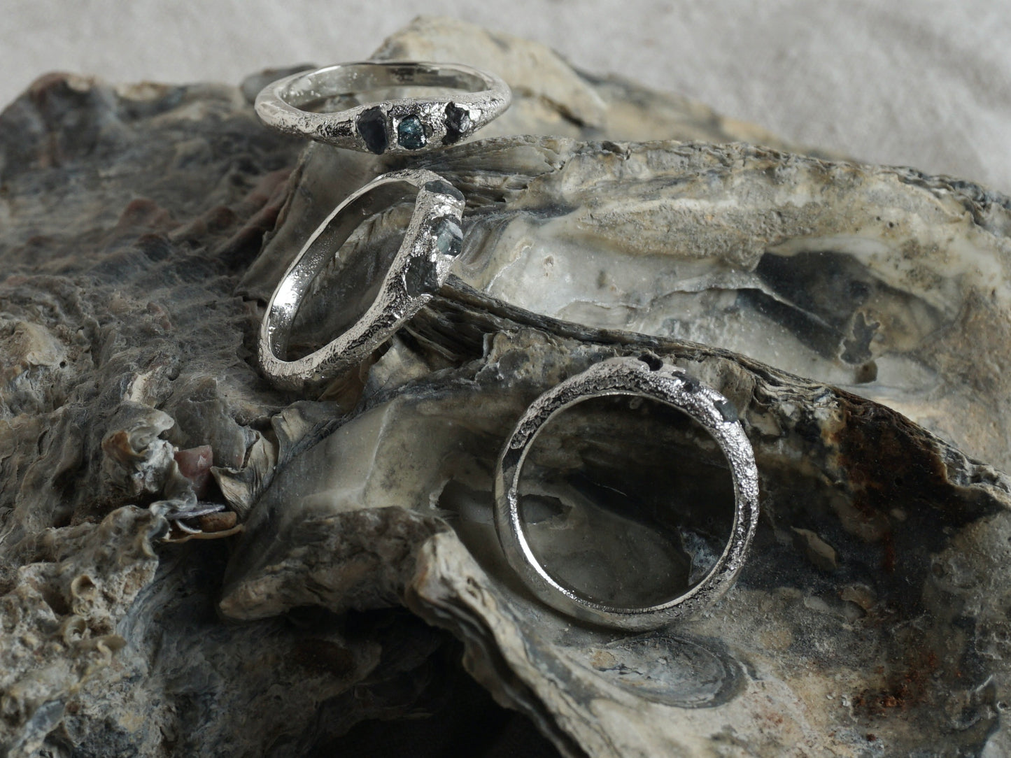 Shoreline ~ Rough sapphire sand cast rings