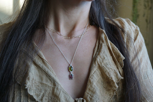 Flora ~ Pink and Green Tourmaline Charm Necklace