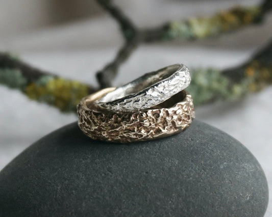 Greenman Lichen Textured Ring Bands - 9ct Gold - Melissa Yarlett Jewellery