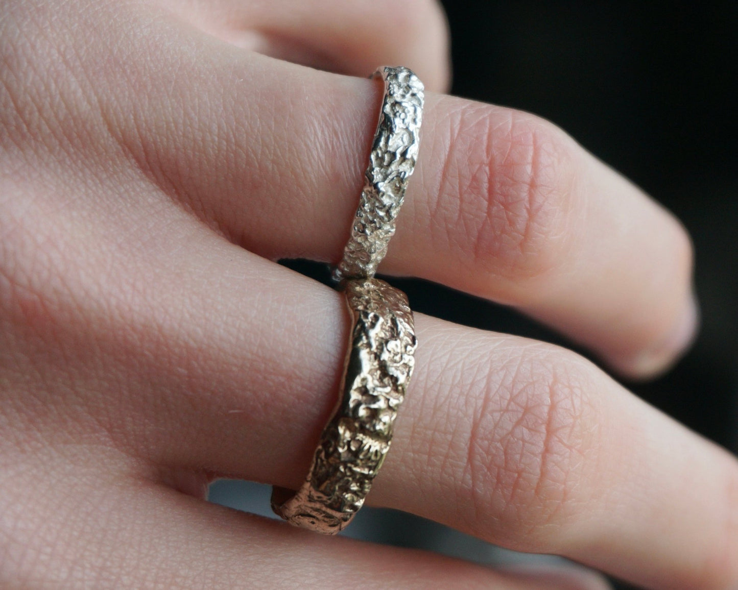 Greenman Lichen Textured Ring Bands - 9ct Gold - Melissa Yarlett Jewellery