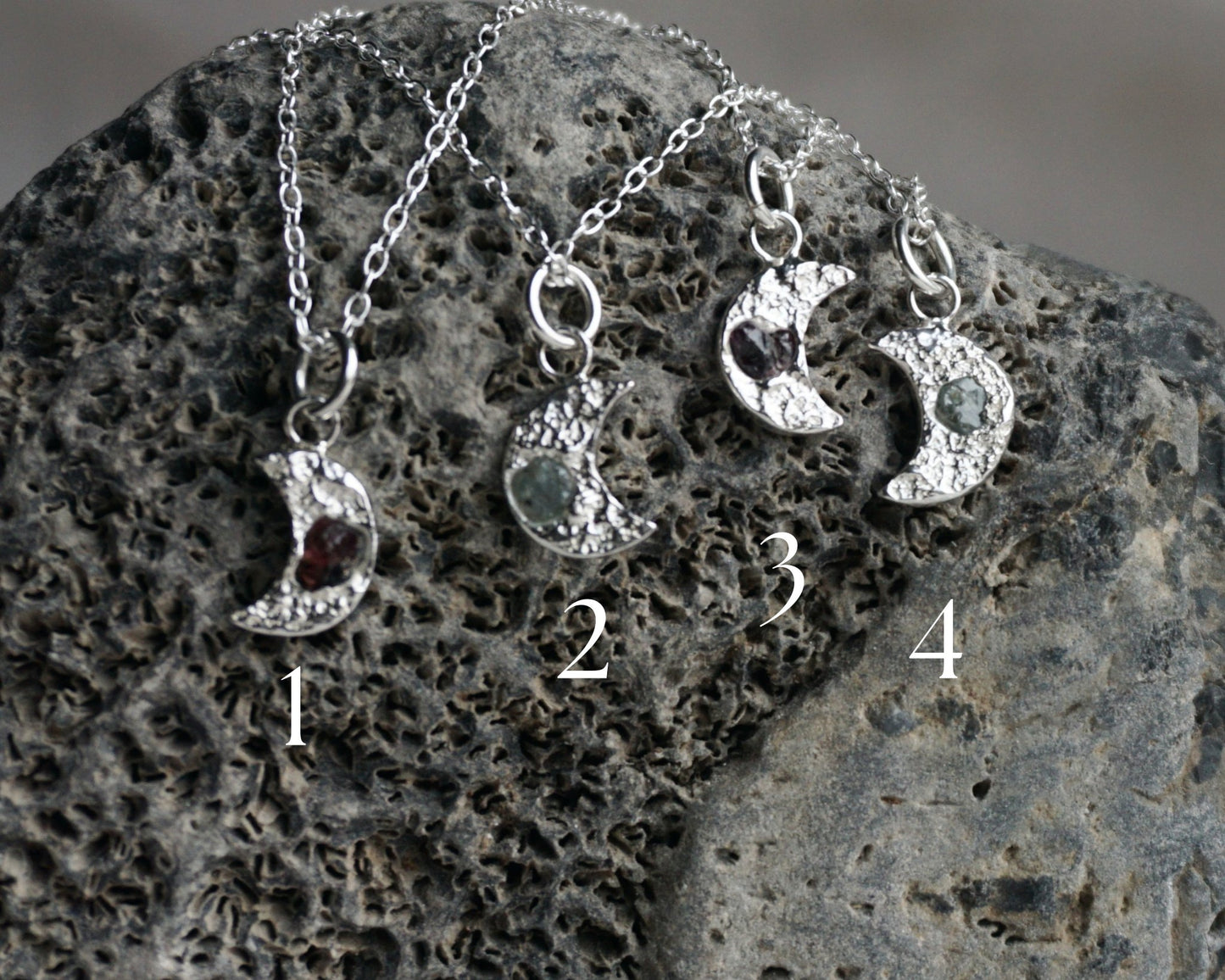 Mini Sapphire & Ruby Moon Necklaces - Melissa Yarlett Jewellery