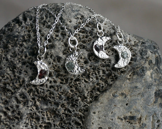 Mini Sapphire & Ruby Moon Necklaces - Melissa Yarlett Jewellery