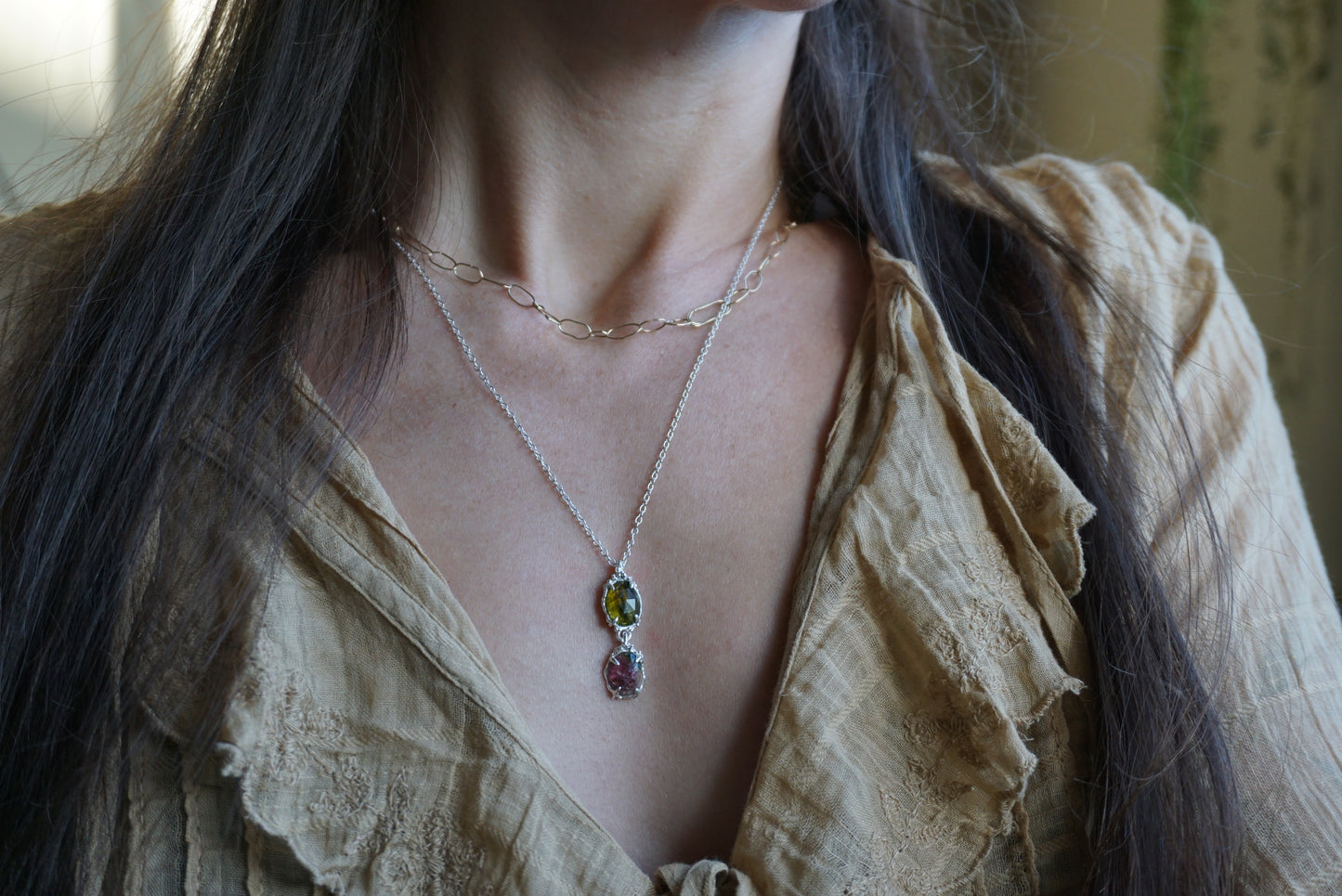 Flora ~ Pink and Green Tourmaline Charm Necklace